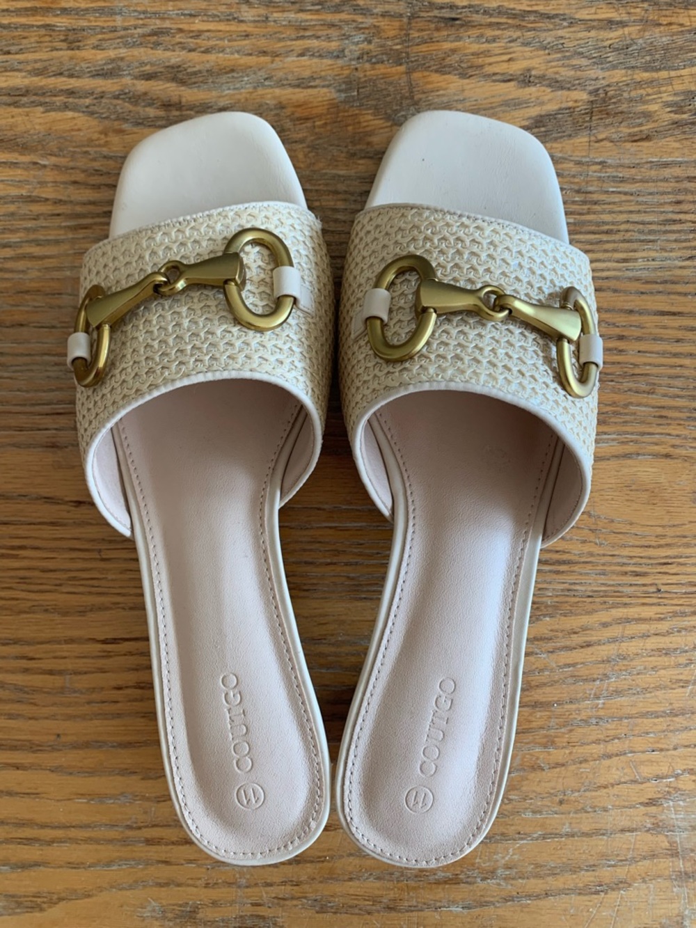 Women's Cream Raffia Slide Sandals with Gold Bit Detail -